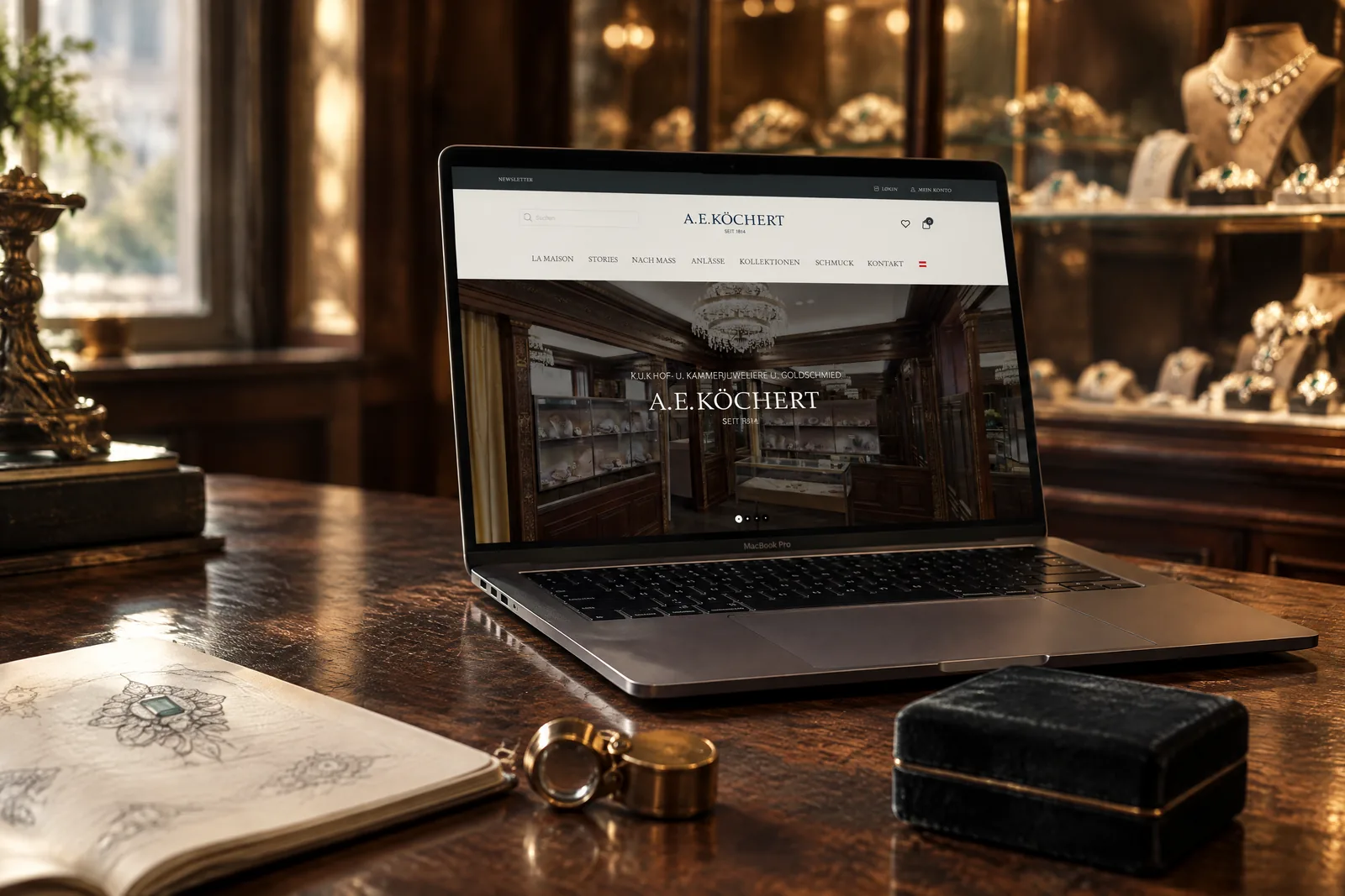 Köchert Website auf einem MacBook in einer Juwelier Atelier Atmosphäre